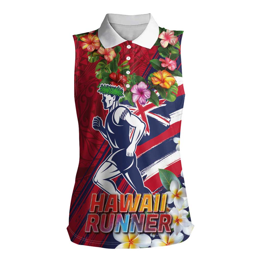 Hawaii Runner-Kakau Art with Lei and Plumeria Women Sleeveless Polo Shirt LT03 Female Red-Blue - Polynesian Pride
