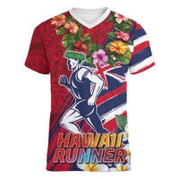 Hawaii Runner-Kakau Art with Lei and Plumeria Women V-Neck T-Shirt LT03 Female Red-Blue - Polynesian Pride