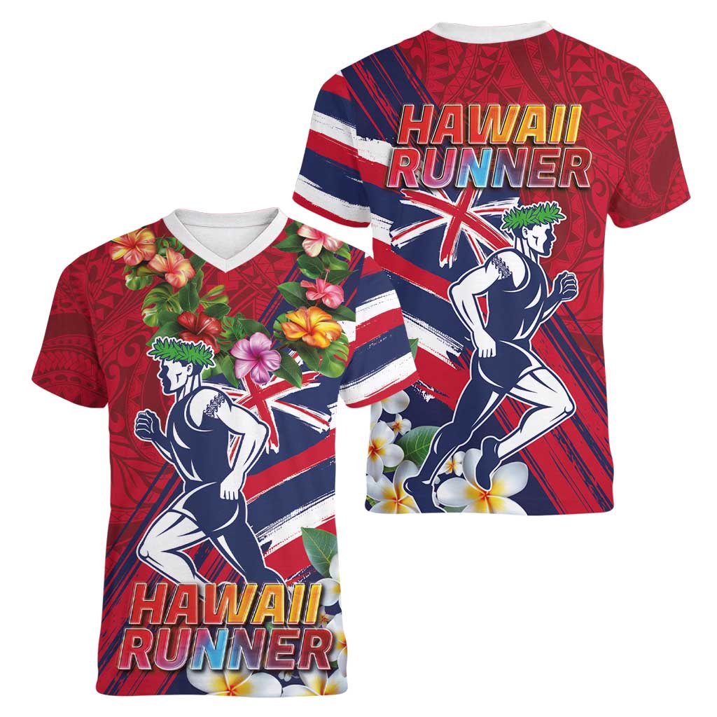 Hawaii Runner-Kakau Art with Lei and Plumeria Women V-Neck T-Shirt LT03 - Polynesian Pride