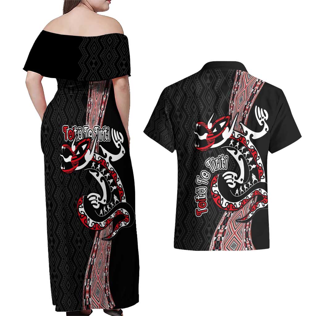 Aotearoa Toitu Te Tiriti Taniko Couples Matching Off Shoulder Maxi Dress and Hawaiian Shirt Maori Taniwha Haka - Honour the Treaty LT03 - Polynesian Pride