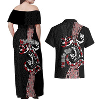 Aotearoa Toitu Te Tiriti Taniko Couples Matching Off Shoulder Maxi Dress and Hawaiian Shirt Maori Taniwha Haka - Honour the Treaty LT03 - Polynesian Pride