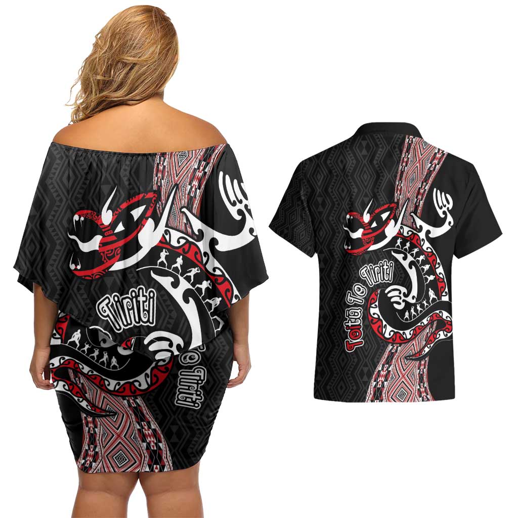 Aotearoa Toitu Te Tiriti Taniko Couples Matching Off Shoulder Short Dress and Hawaiian Shirt Maori Taniwha Haka - Honour the Treaty LT03 - Polynesian Pride