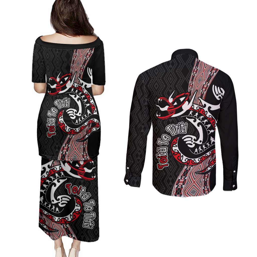 Aotearoa Toitu Te Tiriti Taniko Couples Matching Puletasi and Long Sleeve Button Shirt Maori Taniwha Haka - Honour the Treaty LT03 - Polynesian Pride