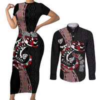 Aotearoa Toitu Te Tiriti Taniko Couples Matching Short Sleeve Bodycon Dress and Long Sleeve Button Shirt Maori Taniwha Haka - Honour the Treaty LT03 Black - Polynesian Pride