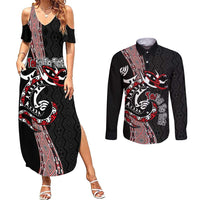 Aotearoa Toitu Te Tiriti Taniko Couples Matching Summer Maxi Dress and Long Sleeve Button Shirt Maori Taniwha Haka - Honour the Treaty LT03 Black - Polynesian Pride
