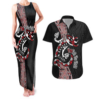 Aotearoa Toitu Te Tiriti Taniko Couples Matching Tank Maxi Dress and Hawaiian Shirt Maori Taniwha Haka - Honour the Treaty LT03 Black - Polynesian Pride