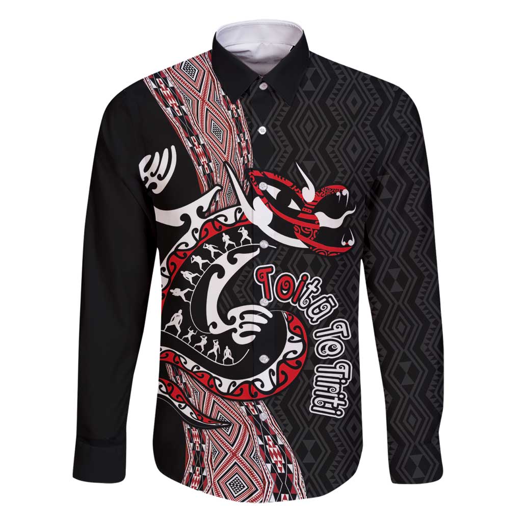 Aotearoa Toitu Te Tiriti Taniko Family Matching Mermaid Dress and Hawaiian Shirt Maori Taniwha Haka - Honour the Treaty LT03 Dad's Shirt - Long Sleeve Black - Polynesian Pride