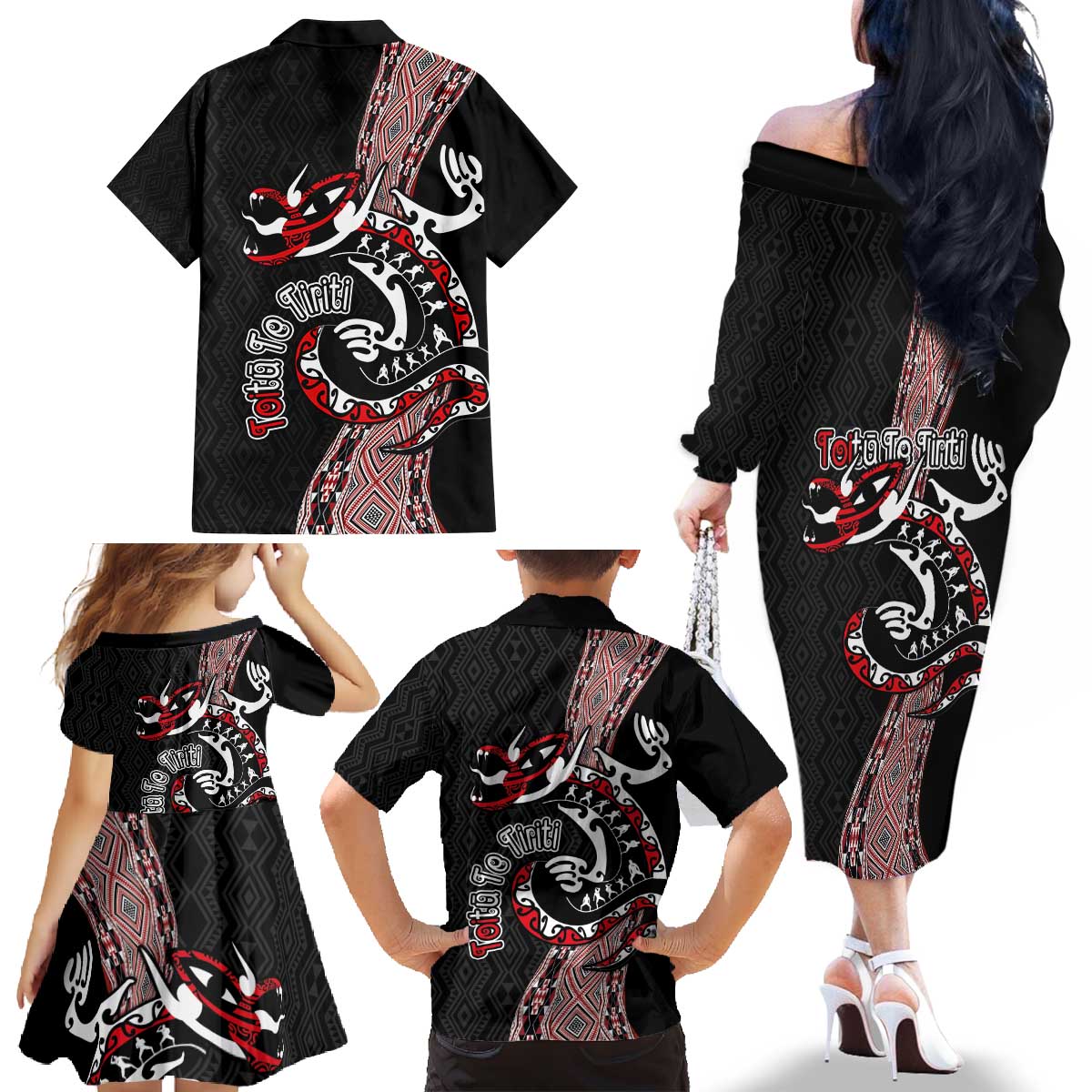 Aotearoa Toitu Te Tiriti Taniko Family Matching Off The Shoulder Long Sleeve Dress and Hawaiian Shirt Maori Taniwha Haka - Honour the Treaty LT03 - Polynesian Pride