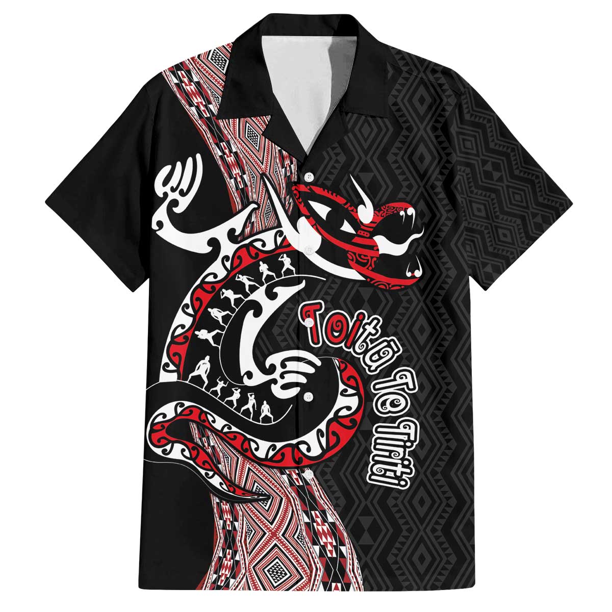 Aotearoa Toitu Te Tiriti Taniko Family Matching Off The Shoulder Long Sleeve Dress and Hawaiian Shirt Maori Taniwha Haka - Honour the Treaty LT03 Dad's Shirt - Short Sleeve Black - Polynesian Pride