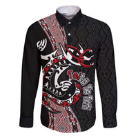 Aotearoa Toitu Te Tiriti Taniko Family Matching Off The Shoulder Long Sleeve Dress and Hawaiian Shirt Maori Taniwha Haka - Honour the Treaty LT03 Dad's Shirt - Long Sleeve Black - Polynesian Pride