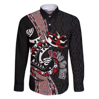 Aotearoa Toitu Te Tiriti Taniko Family Matching Off Shoulder Maxi Dress and Hawaiian Shirt Maori Taniwha Haka - Honour the Treaty LT03 Dad's Shirt - Long Sleeve Black - Polynesian Pride