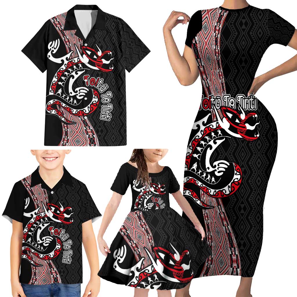 Aotearoa Toitu Te Tiriti Taniko Family Matching Short Sleeve Bodycon Dress and Hawaiian Shirt Maori Taniwha Haka - Honour the Treaty LT03 - Polynesian Pride