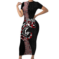Aotearoa Toitu Te Tiriti Taniko Family Matching Short Sleeve Bodycon Dress and Hawaiian Shirt Maori Taniwha Haka - Honour the Treaty LT03 Mom's Dress Black - Polynesian Pride