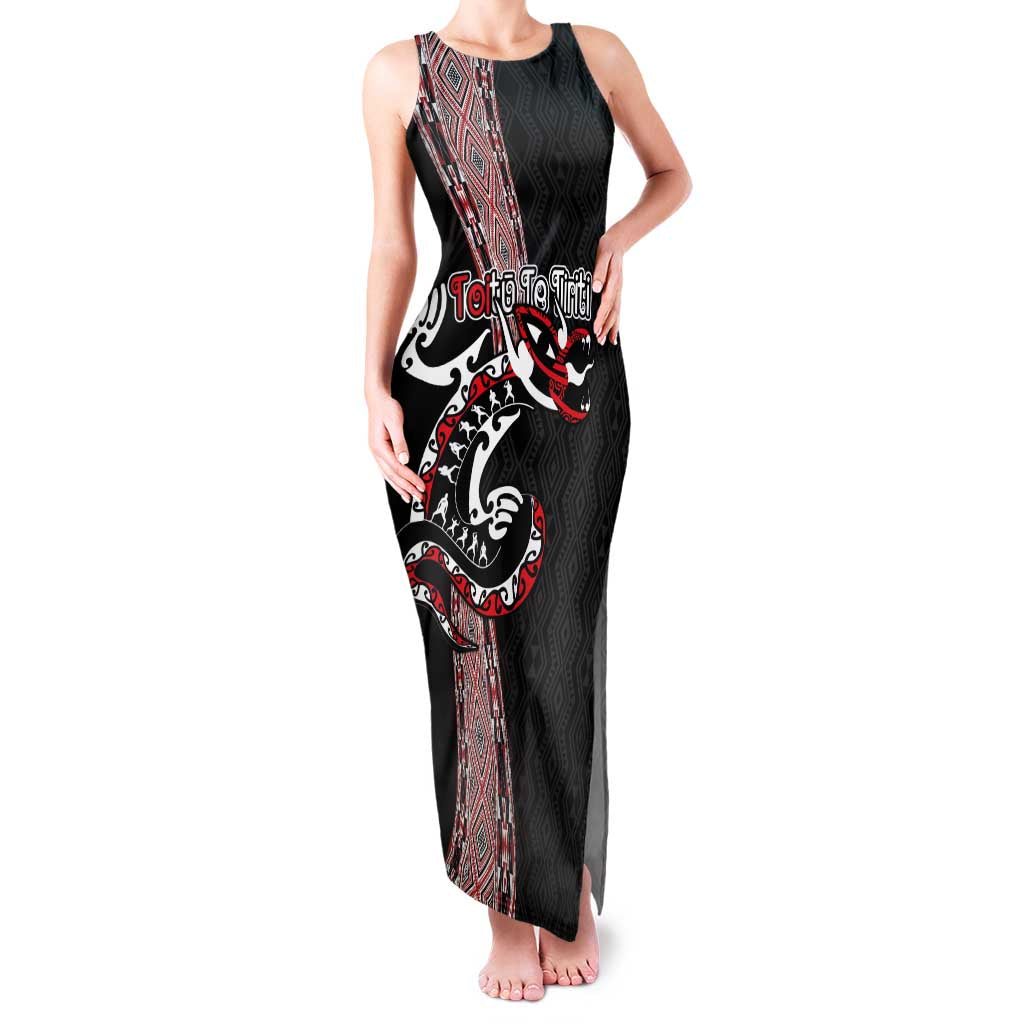 Aotearoa Toitu Te Tiriti Taniko Family Matching Tank Maxi Dress and Hawaiian Shirt Maori Taniwha Haka - Honour the Treaty LT03 Mom's Dress Black - Polynesian Pride