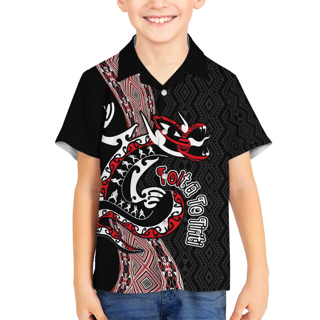 Aotearoa Toitu Te Tiriti Taniko Family Matching Tank Maxi Dress and Hawaiian Shirt Maori Taniwha Haka - Honour the Treaty LT03 Son's Shirt Black - Polynesian Pride