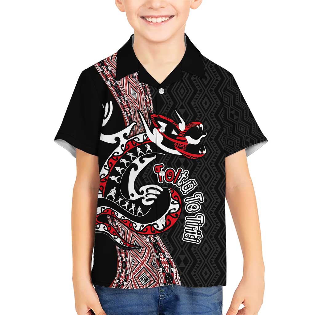 Aotearoa Toitu Te Tiriti Taniko Kid Hawaiian Shirt Maori Taniwha Haka - Honour the Treaty LT03 Kid Black - Polynesian Pride