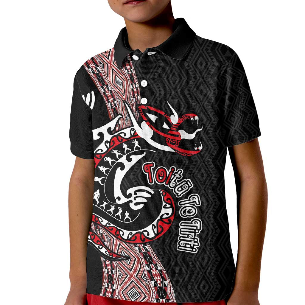 Aotearoa Toitu Te Tiriti Taniko Kid Polo Shirt Maori Taniwha Haka - Honour the Treaty LT03 Kid Black - Polynesian Pride