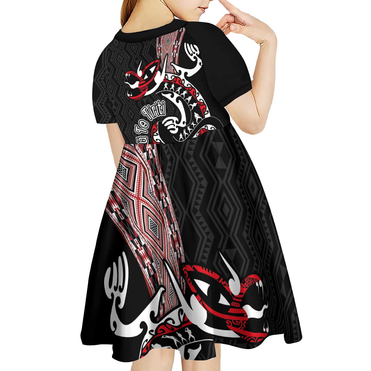 Aotearoa Toitu Te Tiriti Taniko Kid Short Sleeve Dress Maori Taniwha Haka - Honour the Treaty LT03 - Polynesian Pride