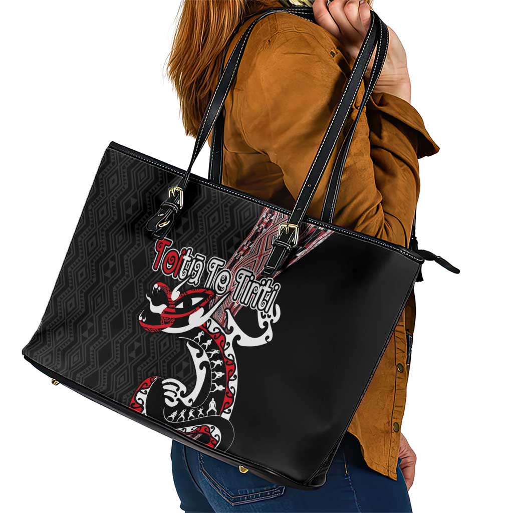 Aotearoa Toitu Te Tiriti Taniko Leather Tote Bag Maori Taniwha Haka - Honour the Treaty LT03 - Polynesian Pride
