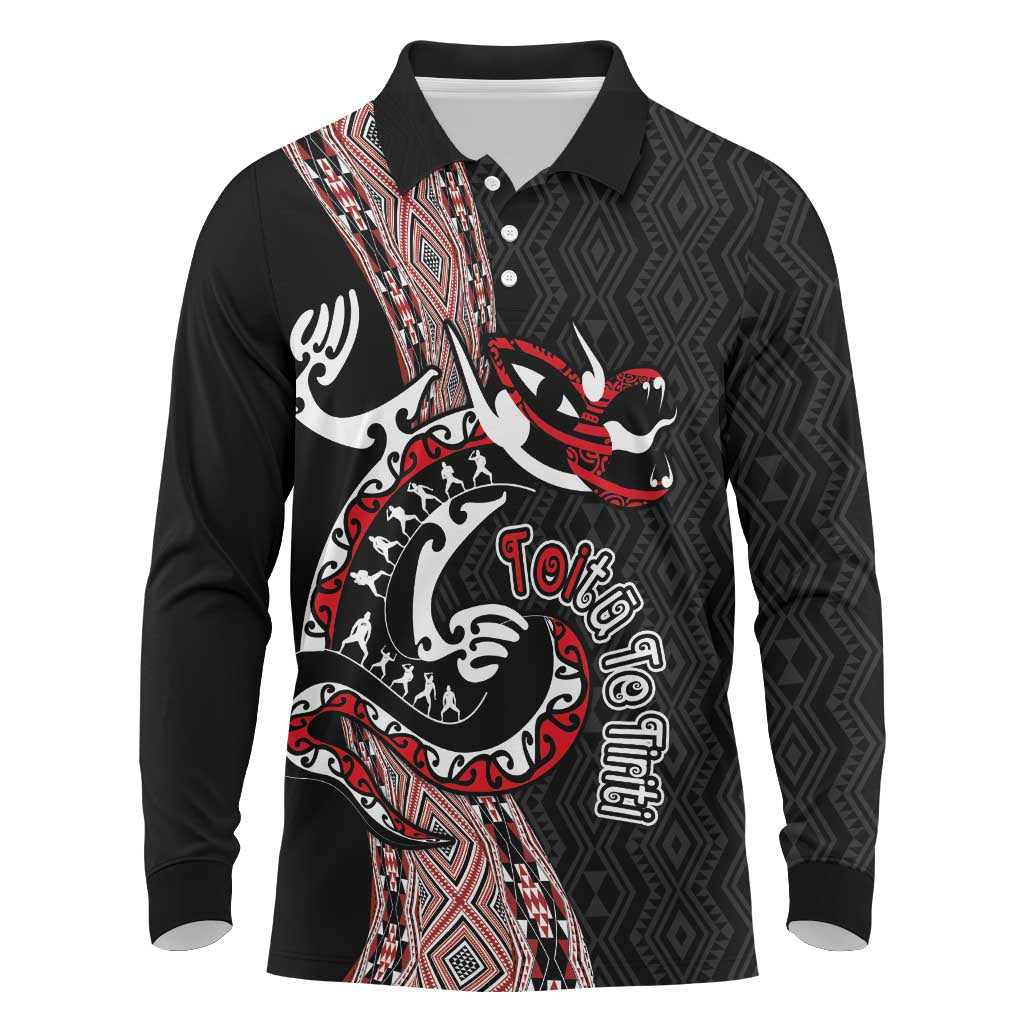Aotearoa Toitu Te Tiriti Taniko Long Sleeve Polo Shirt Maori Taniwha Haka - Honour the Treaty LT03 Black - Polynesian Pride