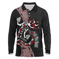 Aotearoa Toitu Te Tiriti Taniko Long Sleeve Polo Shirt Maori Taniwha Haka - Honour the Treaty LT03 Black - Polynesian Pride