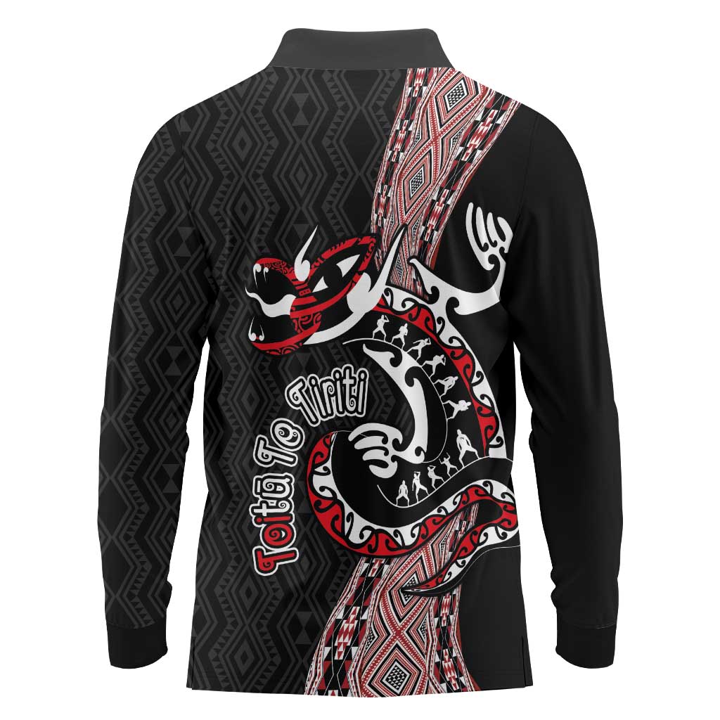 Aotearoa Toitu Te Tiriti Taniko Long Sleeve Polo Shirt Maori Taniwha Haka - Honour the Treaty LT03 - Polynesian Pride