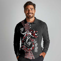 Aotearoa Toitu Te Tiriti Taniko Long Sleeve Polo Shirt Maori Taniwha Haka - Honour the Treaty LT03 - Polynesian Pride