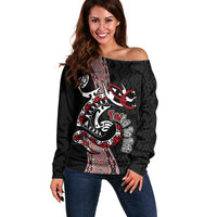 Aotearoa Toitu Te Tiriti Taniko Off Shoulder Sweater Maori Taniwha Haka - Honour the Treaty LT03 Women Black - Polynesian Pride