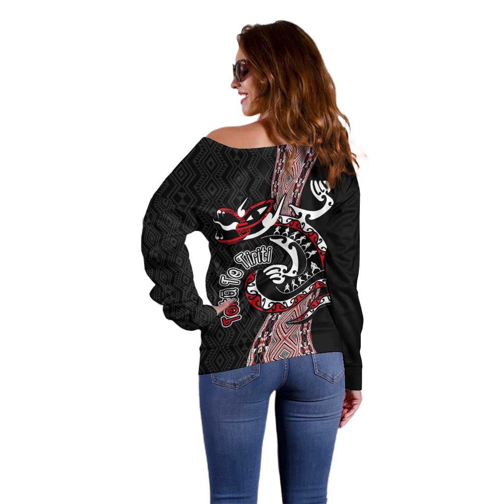 Aotearoa Toitu Te Tiriti Taniko Off Shoulder Sweater Maori Taniwha Haka - Honour the Treaty LT03 - Polynesian Pride