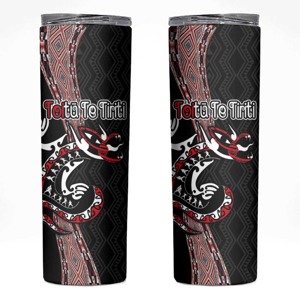 Aotearoa Toitu Te Tiriti Taniko Skinny Tumbler Maori Taniwha Haka - Honour the Treaty LT03 Black - Polynesian Pride