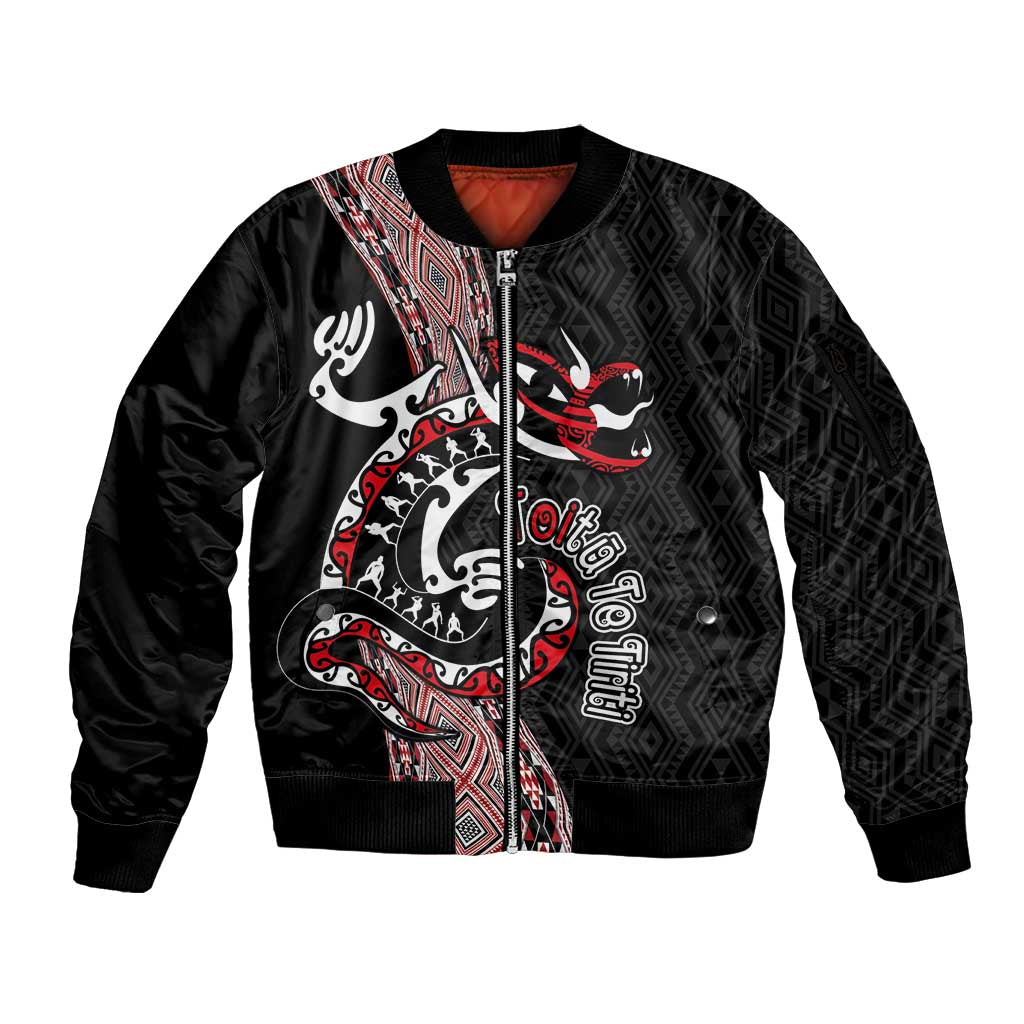 Aotearoa Toitu Te Tiriti Taniko Sleeve Zip Bomber Jacket Maori Taniwha Haka - Honour the Treaty LT03 Unisex Black - Polynesian Pride