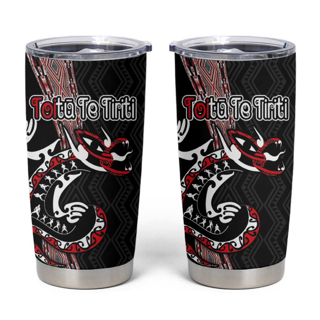 Aotearoa Toitu Te Tiriti Taniko Tumbler Cup Maori Taniwha Haka - Honour the Treaty LT03 Black - Polynesian Pride