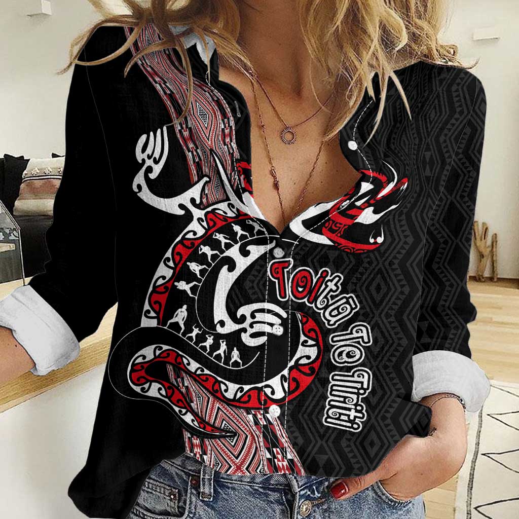 Aotearoa Toitu Te Tiriti Taniko Women Casual Shirt Maori Taniwha Haka - Honour the Treaty LT03 Female Black - Polynesian Pride