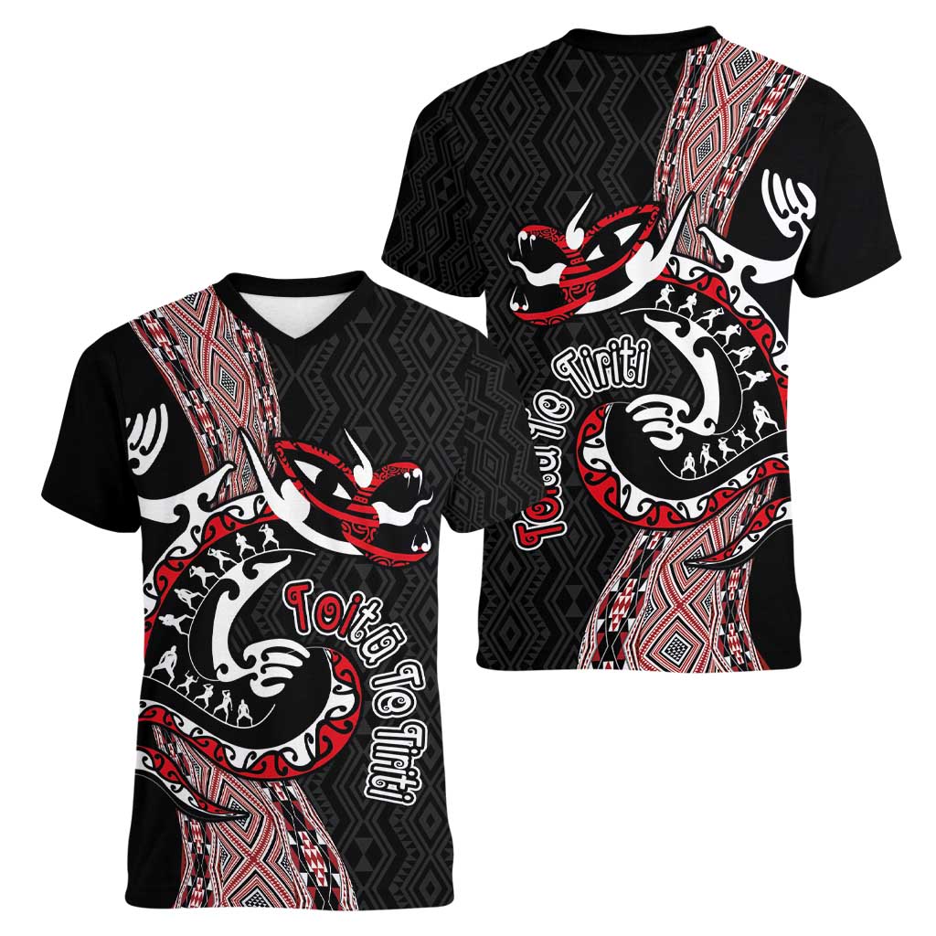 Aotearoa Toitu Te Tiriti Taniko Women V-Neck T-Shirt Maori Taniwha Haka - Honour the Treaty LT03 - Polynesian Pride