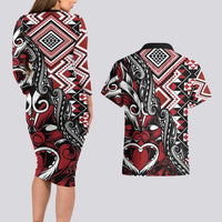 Aotearoa Maori Moko Art with Taniko Half Style Couples Matching Long Sleeve Bodycon Dress and Hawaiian Shirt LT03 - Polynesian Pride