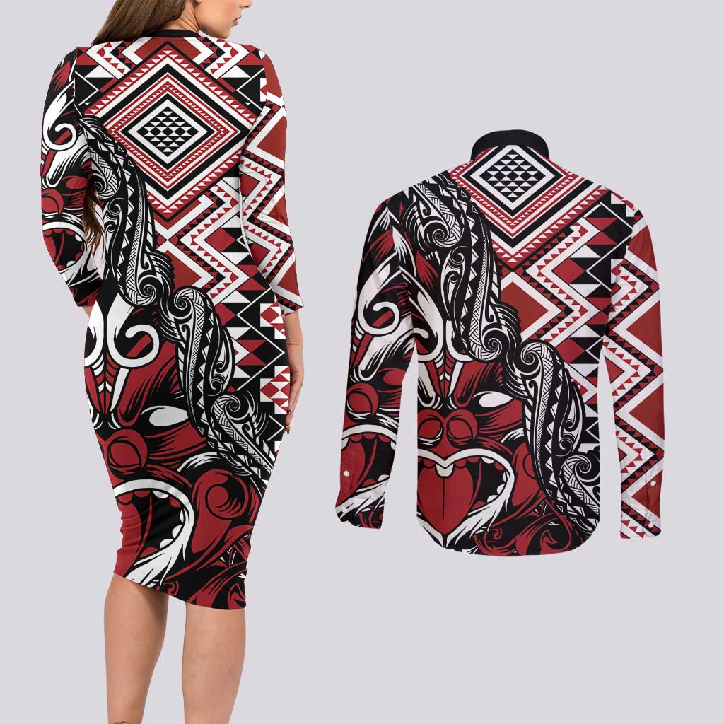 Aotearoa Maori Moko Art with Taniko Half Style Couples Matching Long Sleeve Bodycon Dress and Long Sleeve Button Shirt LT03 - Polynesian Pride