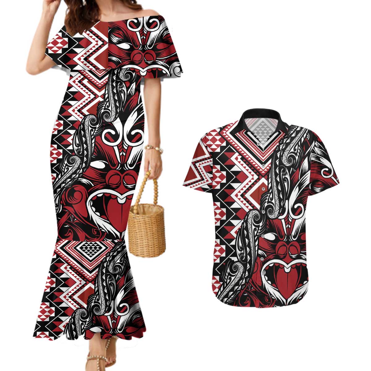 Aotearoa Maori Moko Art with Taniko Half Style Couples Matching Mermaid Dress and Hawaiian Shirt LT03 Black - Polynesian Pride
