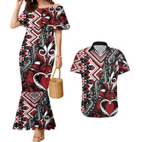 Aotearoa Maori Moko Art with Taniko Half Style Couples Matching Mermaid Dress and Hawaiian Shirt LT03 Black - Polynesian Pride