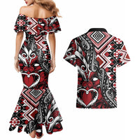 Aotearoa Maori Moko Art with Taniko Half Style Couples Matching Mermaid Dress and Hawaiian Shirt LT03 - Polynesian Pride