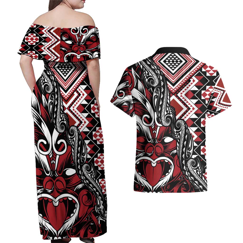 Aotearoa Maori Moko Art with Taniko Half Style Couples Matching Off Shoulder Maxi Dress and Hawaiian Shirt LT03 - Polynesian Pride