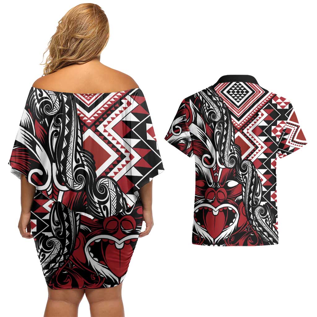Aotearoa Maori Moko Art with Taniko Half Style Couples Matching Off Shoulder Short Dress and Hawaiian Shirt LT03 - Polynesian Pride