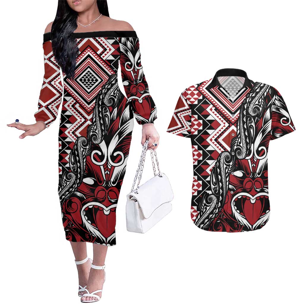 Aotearoa Maori Moko Art with Taniko Half Style Couples Matching Off The Shoulder Long Sleeve Dress and Hawaiian Shirt LT03 Black - Polynesian Pride