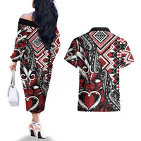 Aotearoa Maori Moko Art with Taniko Half Style Couples Matching Off The Shoulder Long Sleeve Dress and Hawaiian Shirt LT03 - Polynesian Pride