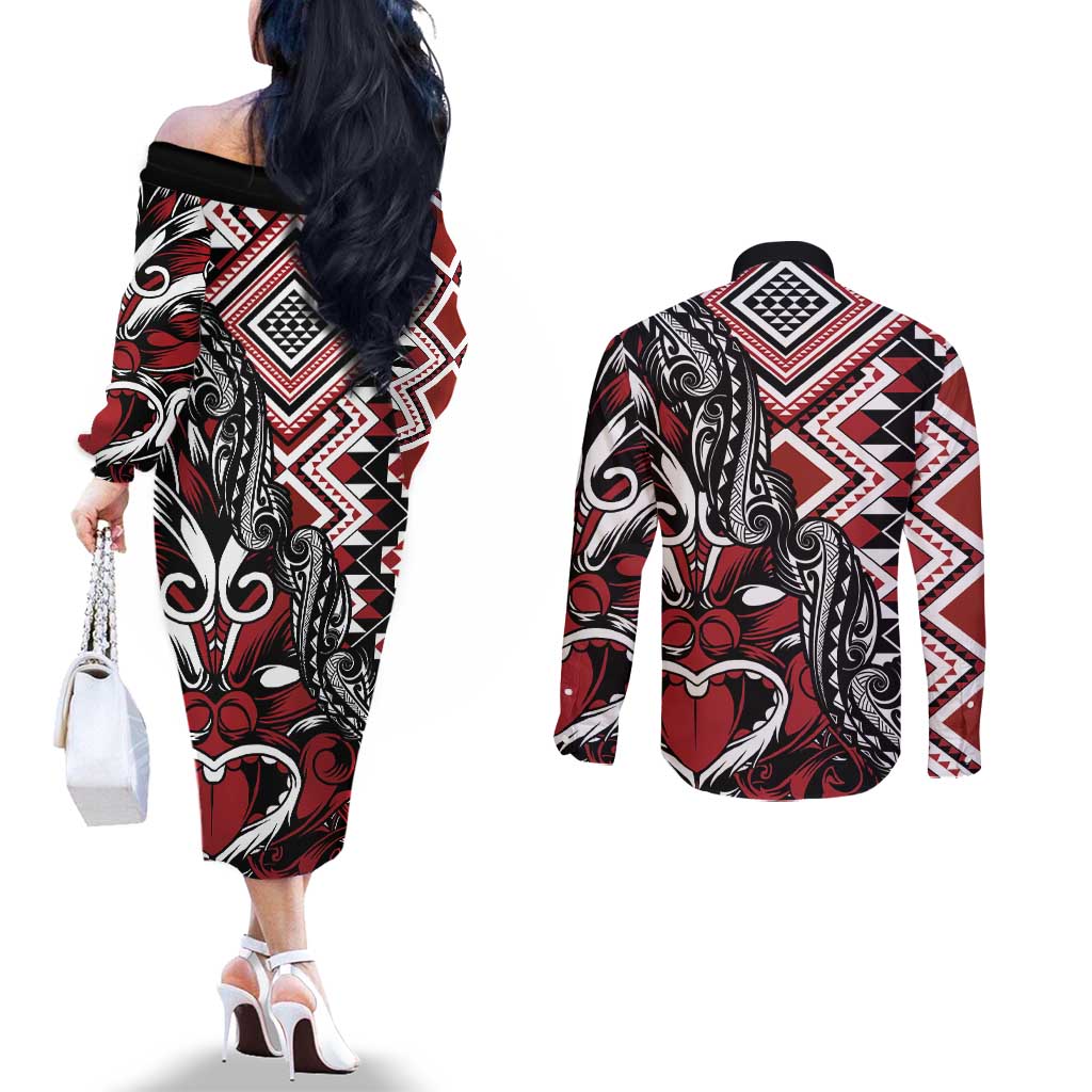 Aotearoa Maori Moko Art with Taniko Half Style Couples Matching Off The Shoulder Long Sleeve Dress and Long Sleeve Button Shirt LT03 - Polynesian Pride
