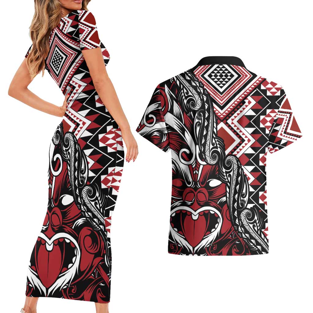 Aotearoa Maori Moko Art with Taniko Half Style Couples Matching Short Sleeve Bodycon Dress and Hawaiian Shirt LT03 - Polynesian Pride