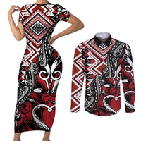 Aotearoa Maori Moko Art with Taniko Half Style Couples Matching Short Sleeve Bodycon Dress and Long Sleeve Button Shirt LT03 Black - Polynesian Pride