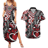 Aotearoa Maori Moko Art with Taniko Half Style Couples Matching Summer Maxi Dress and Hawaiian Shirt LT03 Black - Polynesian Pride
