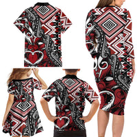 Aotearoa Maori Moko Art with Taniko Half Style Family Matching Long Sleeve Bodycon Dress and Hawaiian Shirt LT03 - Polynesian Pride