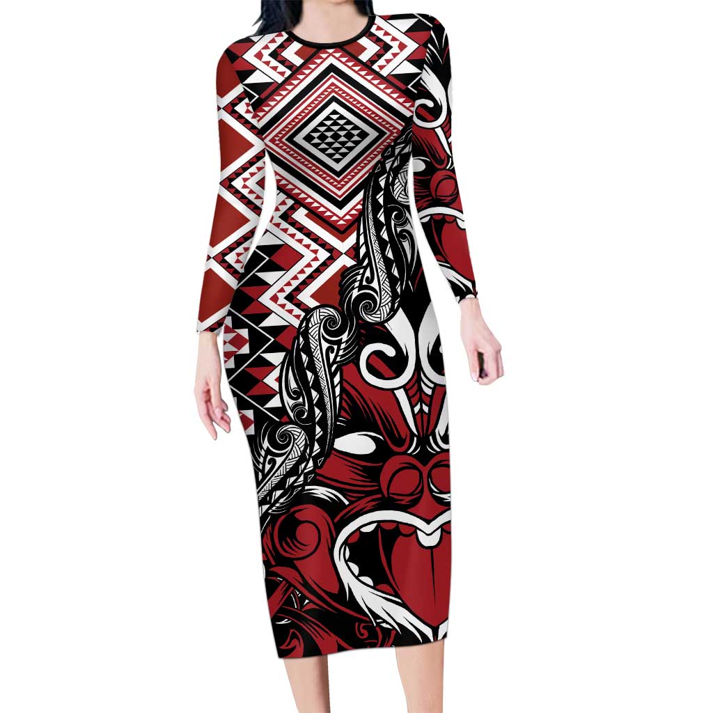 Aotearoa Maori Moko Art with Taniko Half Style Family Matching Long Sleeve Bodycon Dress and Hawaiian Shirt LT03 Mom's Dress Black - Polynesian Pride