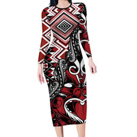 Aotearoa Maori Moko Art with Taniko Half Style Family Matching Long Sleeve Bodycon Dress and Hawaiian Shirt LT03 Mom's Dress Black - Polynesian Pride